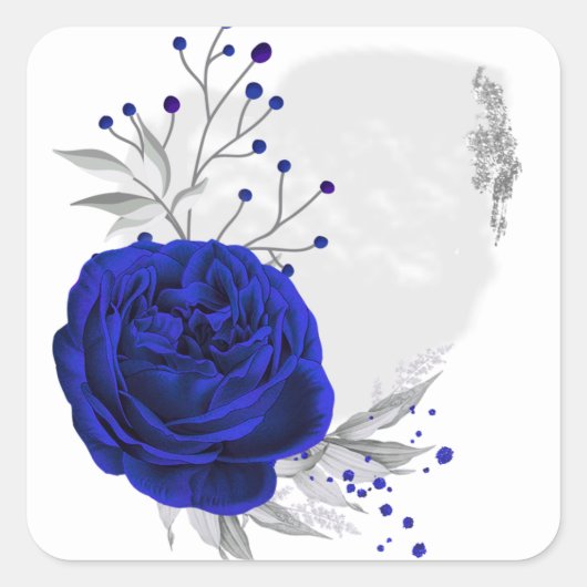 Royal Blue & Silver Flowers Witte Vierkante sticke Sticker (Voorkant)