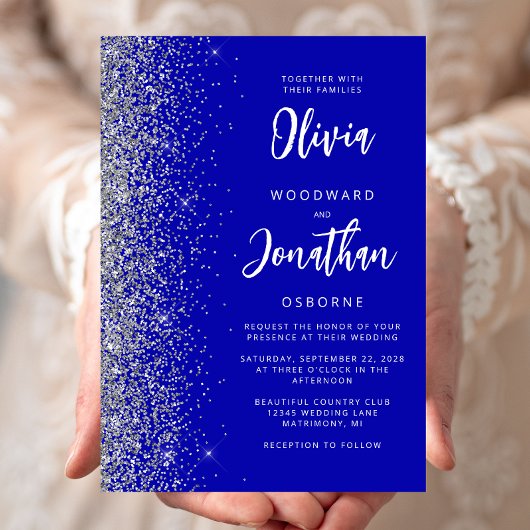 Royal Blue Silver Glitter Calligrafie Wedding Kaart