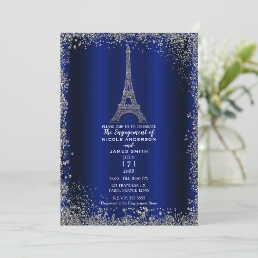 Royal Blue Silver Glitter Eiffel Tower Verloving Kaart (Staand voorkant)