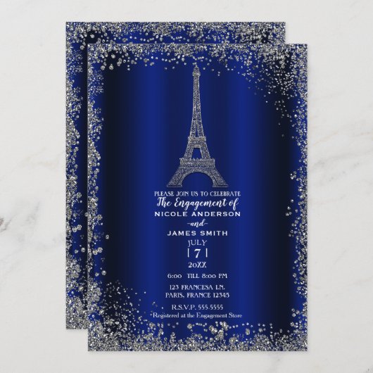 Royal Blue Silver Glitter Eiffel Tower Verloving Kaart (Voorkant / Achterkant)