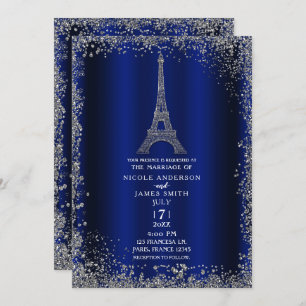 Royal Blue Silver Glitter Eiffel Tower Wedding Kaart