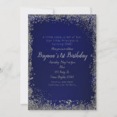 Royal Blue Silver Glitter Glam 1e verjaardagsfeest Kaart (Voorkant)