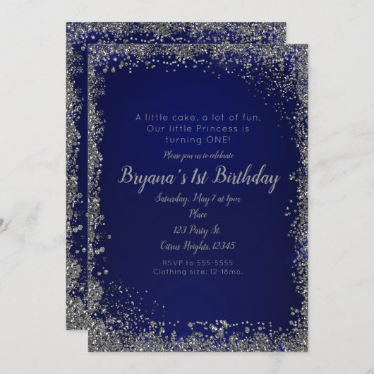 Royal Blue Silver Glitter Glam 1e verjaardagsfeest Kaart (Voorkant / Achterkant)