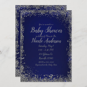 Royal Blue Silver Glitter Glam Modern Baby shower Kaart