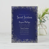 Royal Blue & Silver Glitter Glam Sweet 16 Party Kaart (Staand voorkant)