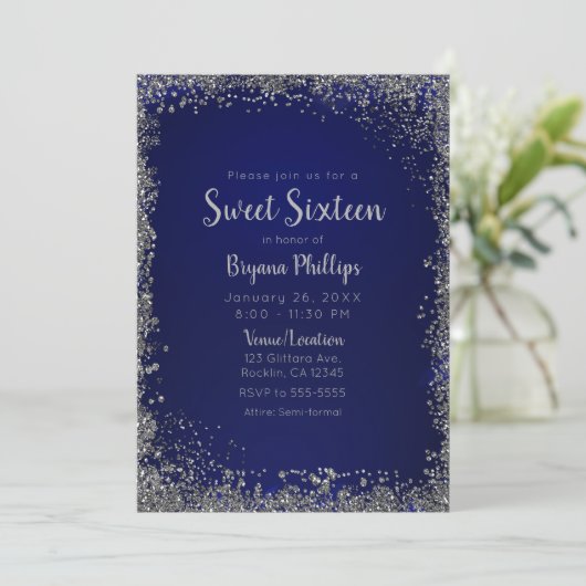 Royal Blue & Silver Glitter Glam Sweet 16 Party Kaart (Staand voorkant)