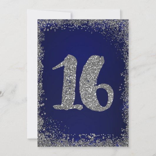 Royal Blue & Silver Glitter Glam Sweet 16 Party Kaart (Achterkant)