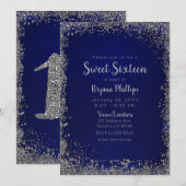 Royal Blue & Silver Glitter Glam Sweet 16 Party Kaart (Voorkant / Achterkant)
