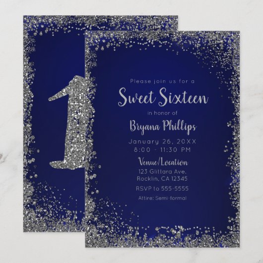 Royal Blue & Silver Glitter Glam Sweet 16 Party Kaart (Voorkant / Achterkant)