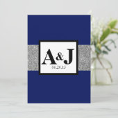 Royal Blue Silver Glitter Monogram Wedding Invite Kaart (Staand voorkant)