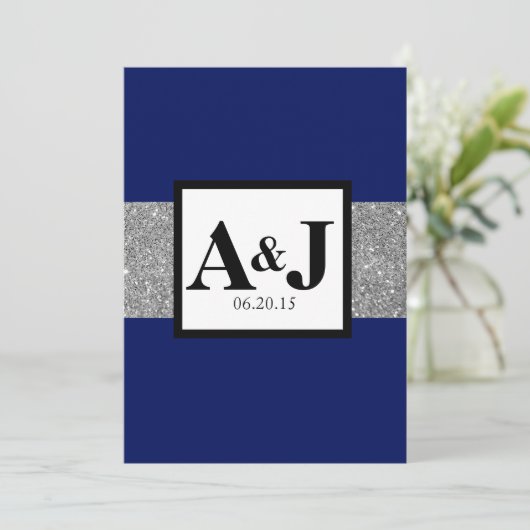 Royal Blue Silver Glitter Monogram Wedding Invite Kaart (Staand voorkant)