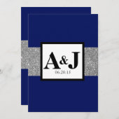 Royal Blue Silver Glitter Monogram Wedding Invite Kaart (Voorkant / Achterkant)