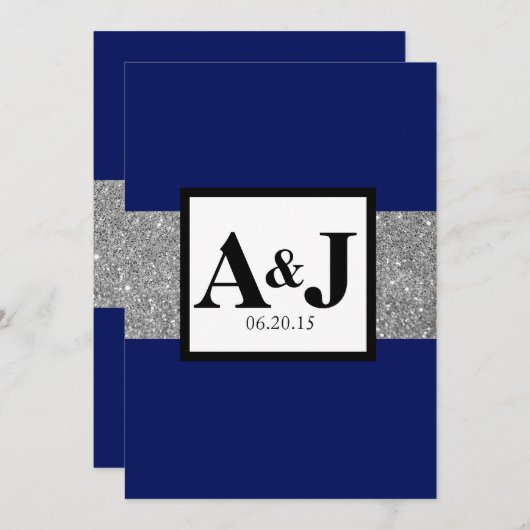 Royal Blue Silver Glitter Monogram Wedding Invite Kaart (Voorkant / Achterkant)
