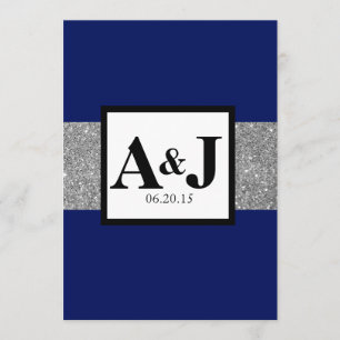 Royal Blue Silver Glitter Monogram Wedding Invite Kaart