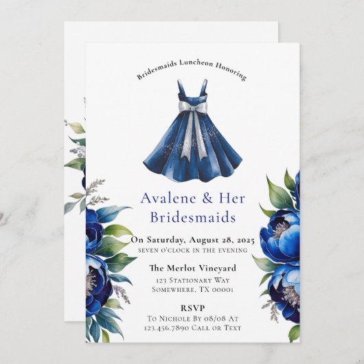 Royal Blue Silver Glitter Peony Bruidsmeisjes Lunc Kaart (Voorkant / Achterkant)