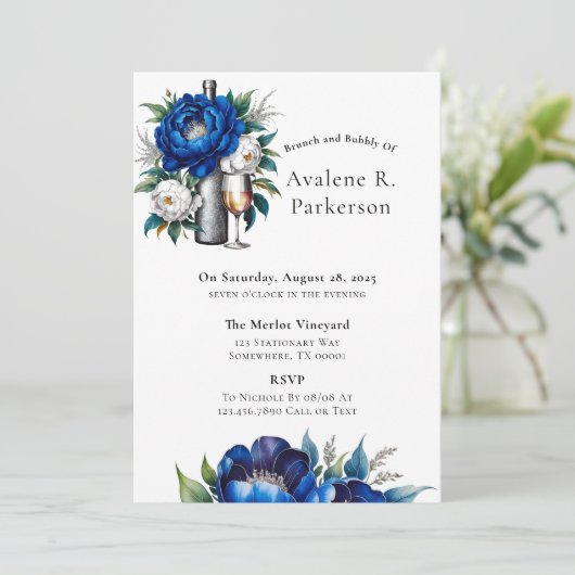 Royal Blue Silver Glitter Peony Brunch en Bubbly Kaart (Staand voorkant)