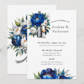 Royal Blue Silver Glitter Peony Brunch en Bubbly Kaart (Voorkant / Achterkant)