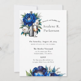 Royal Blue Silver Glitter Peony Brunch en Bubbly Kaart
