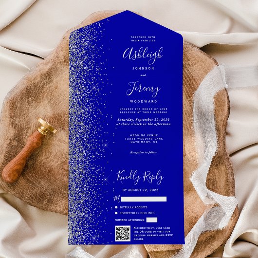 Royal Blue Silver Glitter QR Code Wedding All In One Uitnodiging