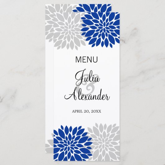 Royal Blue Silver-Gray Floral Burst Menu (Voorkant / Achterkant)