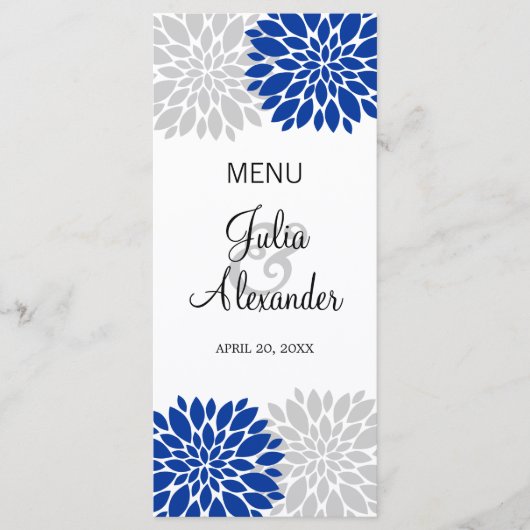 Royal Blue Silver-Gray Floral Burst Menu (Voorkant)