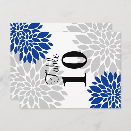 Royal Blue Silver-Gray Floral Burst Table Number Briefkaart (Voorkant / Achterkant)