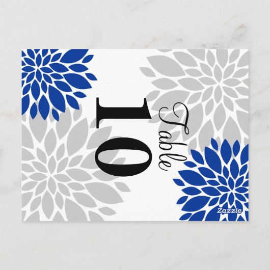 Royal Blue Silver-Gray Floral Burst Table Number Briefkaart (Achterkant)