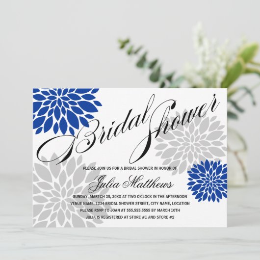 Royal Blue Silver-Gray Floral Burst Vrijgezellenfe Kaart (Staand voorkant)