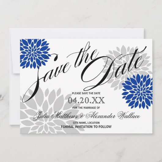 Royal Blue Silver-Grey Burst Script Save the Date (Voorkant)