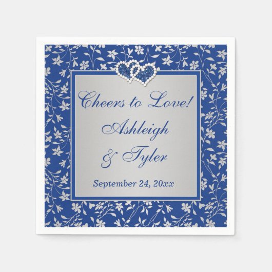 Royal Blue, Silver Grey Floral Paper Wedding Servet (Voorkant)