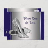 Royal Blue Silver High Heel Shoe Save The Date Aankondigingskaart (Voorkant / Achterkant)