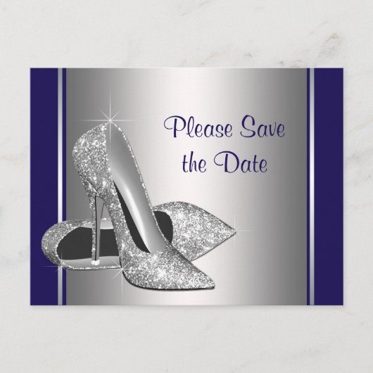 Royal Blue Silver High Heel Shoe Save The Date Aankondigingskaart (Voorkant)