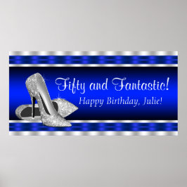 Royal Blue Silver High Heels Birthday Party Banner Poster