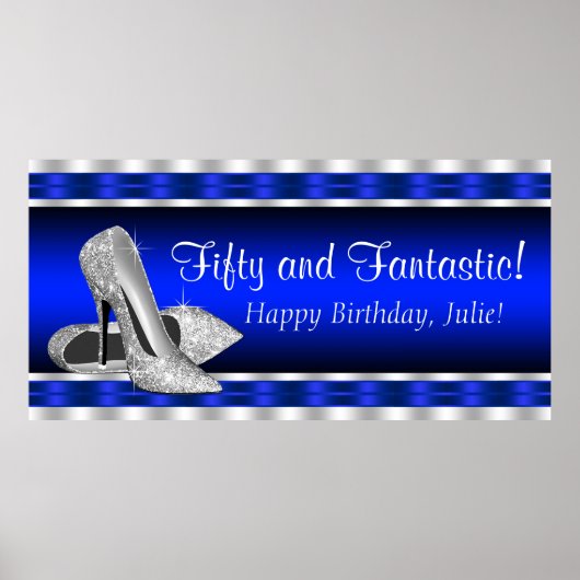 Royal Blue Silver High Heels Birthday Party Banner Poster (Voorkant)