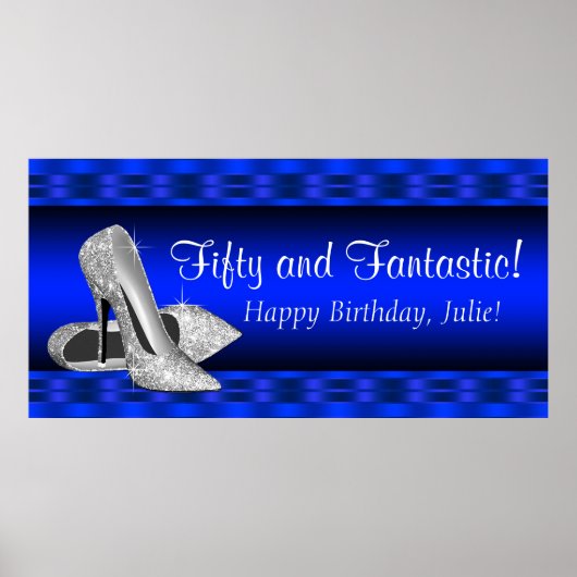 Royal Blue Silver High Hiel Birthday Party Banner Poster (Voorkant)