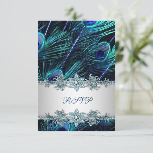 Royal Blue Silver Indian Pauw Wedding RSVP (Staand voorkant)