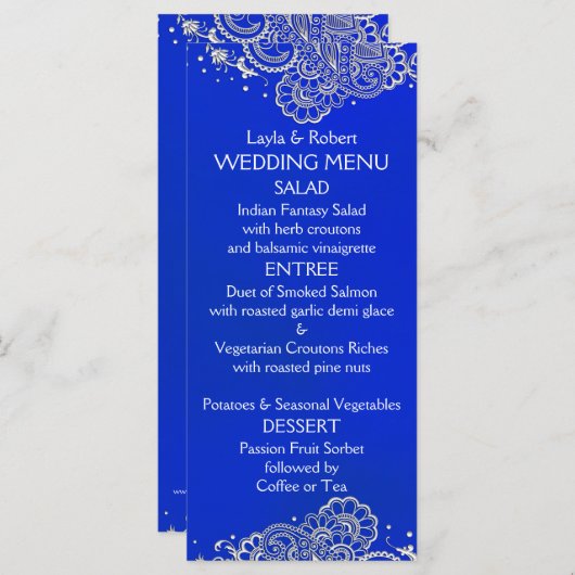 Royal Blue Silver Indian Wedding Menu Kaart (Voorkant / Achterkant)