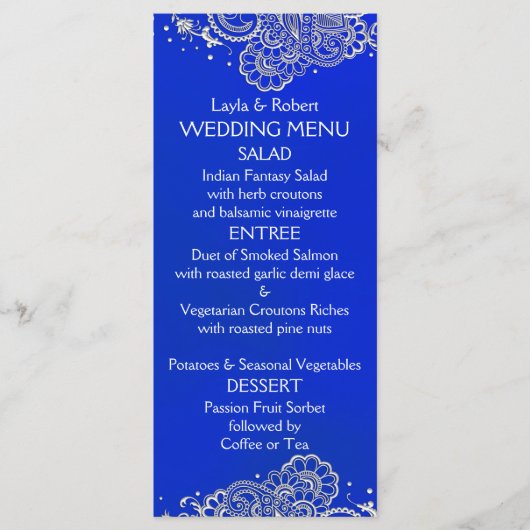 Royal Blue Silver Indian Wedding Menu Kaart (Voorkant)