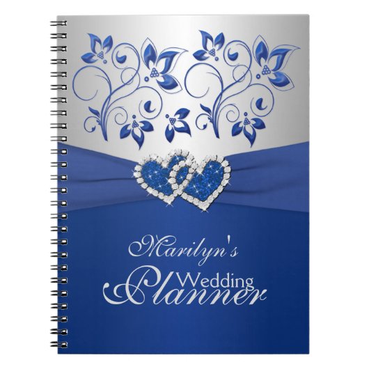 Royal Blue, Silver Joined Hearts Floral Notitieboe Notitieboek (Voorkant)