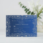 Royal Blue Silver Line Art Floral Quinceañera RSVP Kaartje (Staand voorkant)