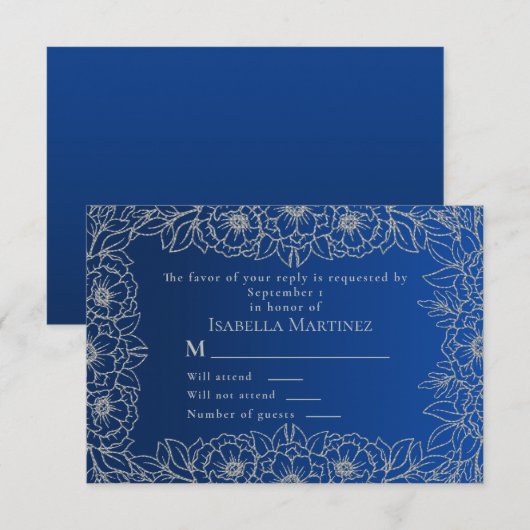 Royal Blue Silver Line Art Floral Quinceañera RSVP Kaartje (Voorkant / Achterkant)