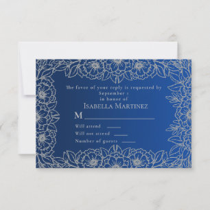 Royal Blue Silver Line Art Floral Quinceañera RSVP Kaartje