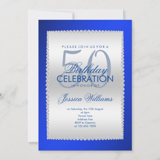 Royal Blue, Silver & Pareltjes Verjaardag Kaart (Achterkant)