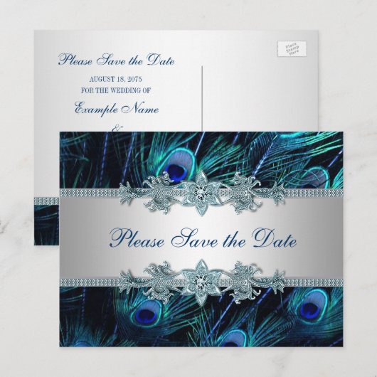 Royal Blue Silver Peacock Wedding Save the Date Aankondigingskaart (Voorkant / Achterkant)