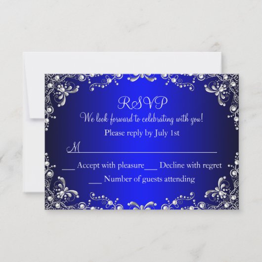 Royal Blue Silver Pearl Damask Sweet 16 RSVP (Voorkant)