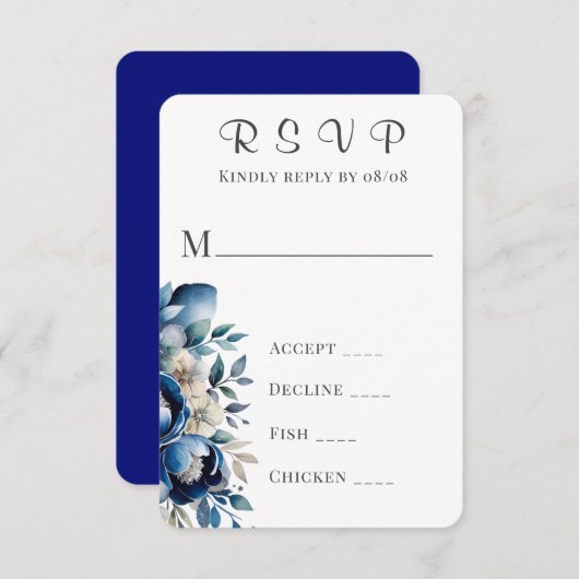 Royal Blue & Silver Peony Wedding RSVP Kaarten (Voorkant / Achterkant)