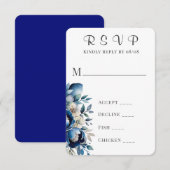 Royal Blue & Silver Peony Wedding RSVP Kaarten Kaartje (Voorkant / Achterkant)