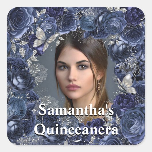 Royal blue Silver PHOTO vlinder roos lijst Vierkante Sticker (Voorkant)