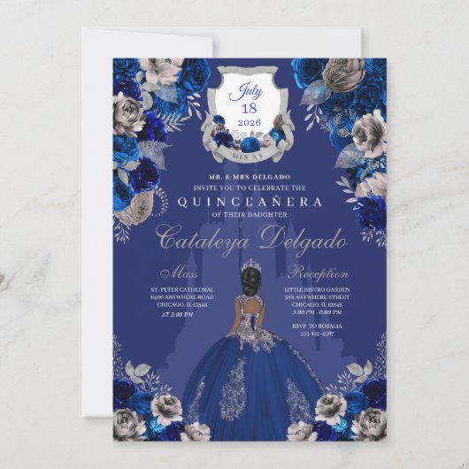 Royal Blue & Silver Princess Castle Quinceañera Kaart (Voorkant)