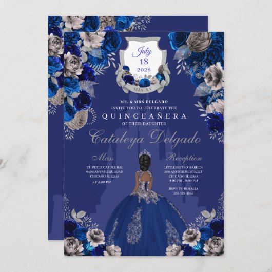 Royal Blue & Silver Princess Castle Quinceañera Kaart (Voorkant / Achterkant)